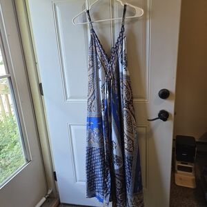 Elegant Blue and White Paisley Maxi Dress
